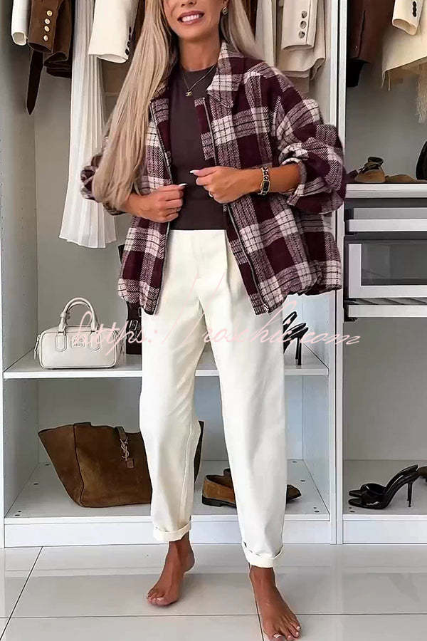 Fashion Plaid Print Lapel Long Sleeve Loose Zipper Jacket