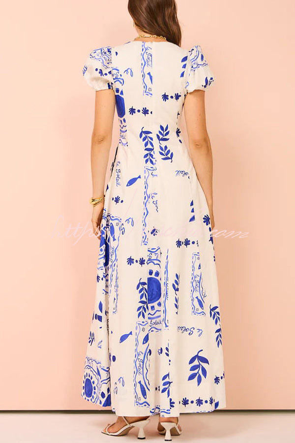 Embrace The Glamour Linen Blend Unique Print Puff Sleeve Pocketed Maxi Dress