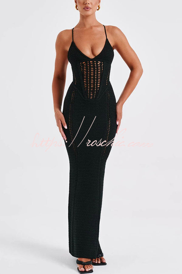 Warm Weather Favorite Knit Crochet Hollow Out Back Lace-up Stretch Maxi Dress