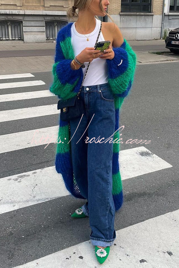Fashionable Contrast Stripes Lazy Style Loose Long Knitted Cardigan