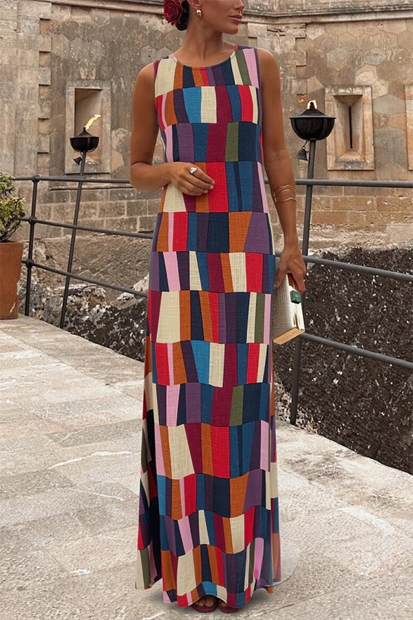 retro linen dress Retro Chic Linen Blend Colorful Color Block Plaid Round Neck Sleevele – roschic