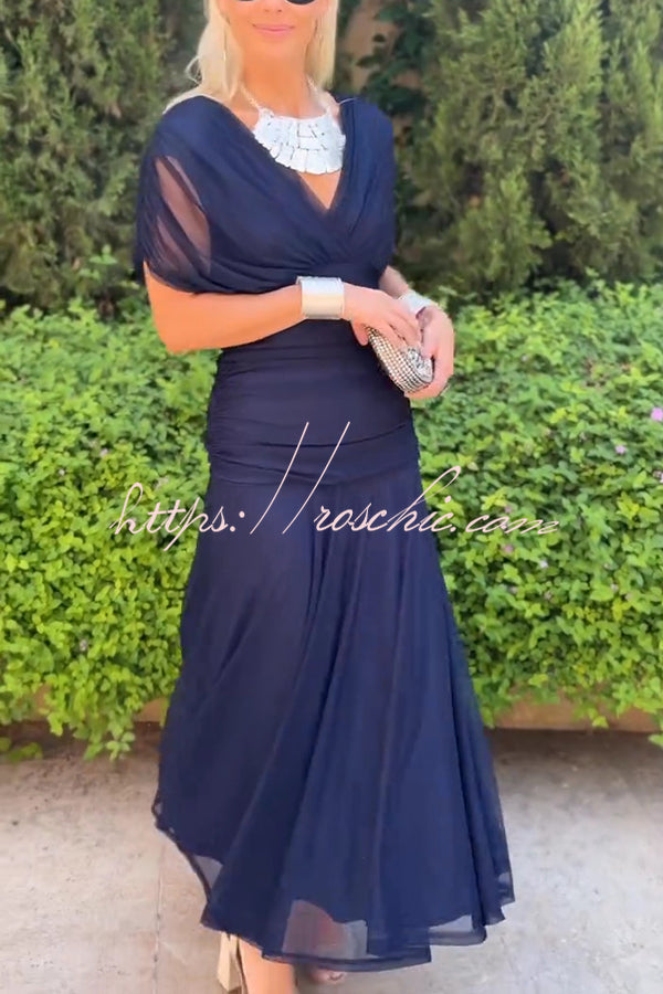 Unique Printed V-Neck Waisted Mesh Holiday Maxi Dress