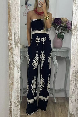 Larsen Ethnic Print Off Shooulder Smocked Bust Pocketed Jumpsuit