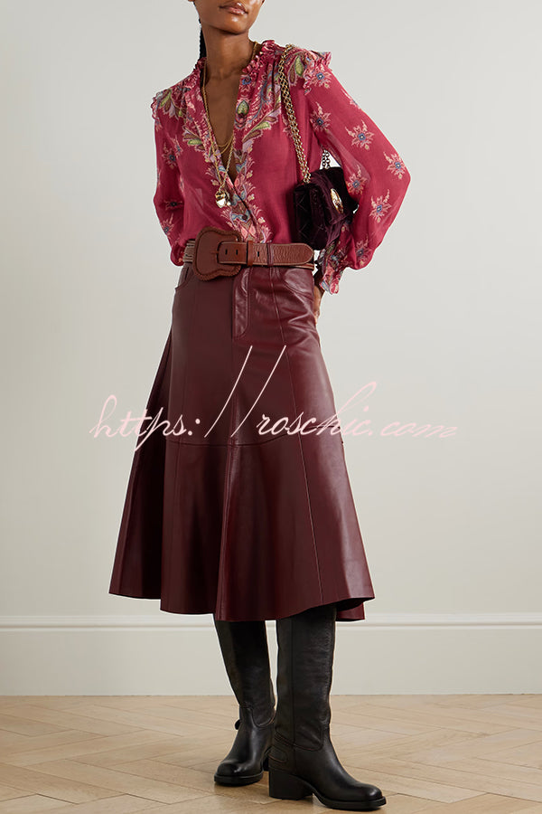 Unique Printed Chiffon Long-sleeved Loose Shirt and Elegant Ruffled Maxi Skirt Set