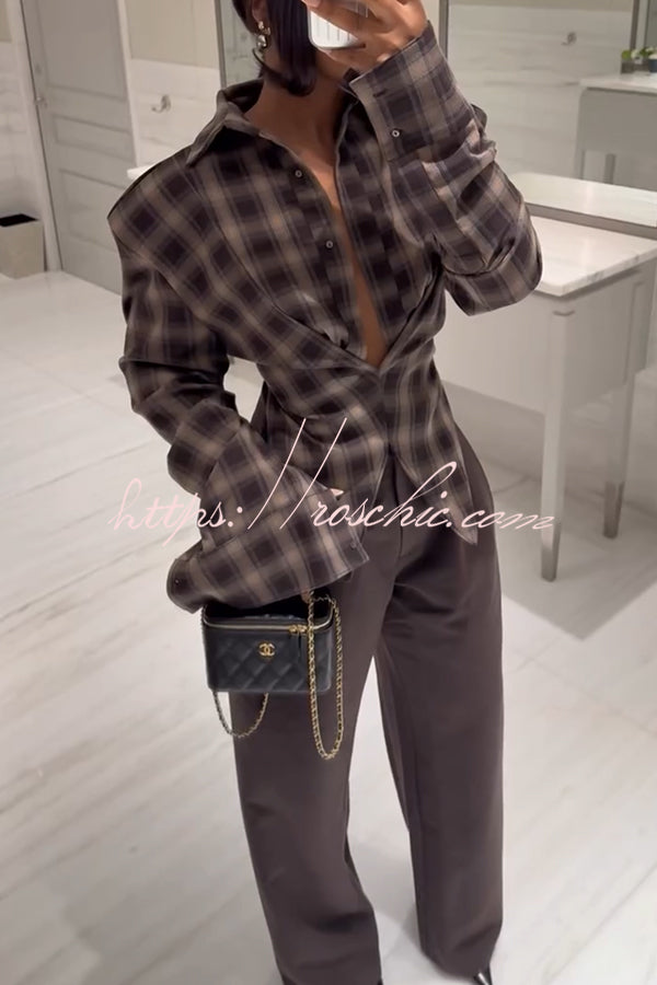 Vintage Plaid Shoulder Pad Buttons Long Sleeve Angled Hem Shirt