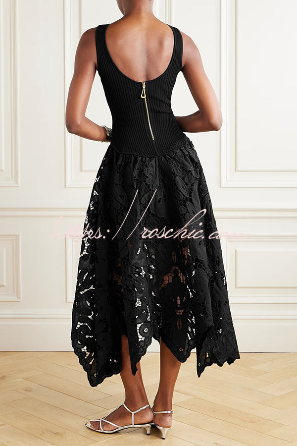 Atlas Asymmetric Ribbed-knit and Guipure Lace Back Zipper Midi Dress
