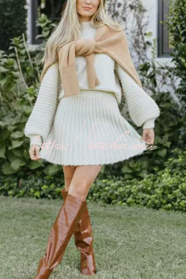 Solid Color Round Neck Puff Sleeve Loose Knit Sweater and Casual Striped Mini Skirt Set