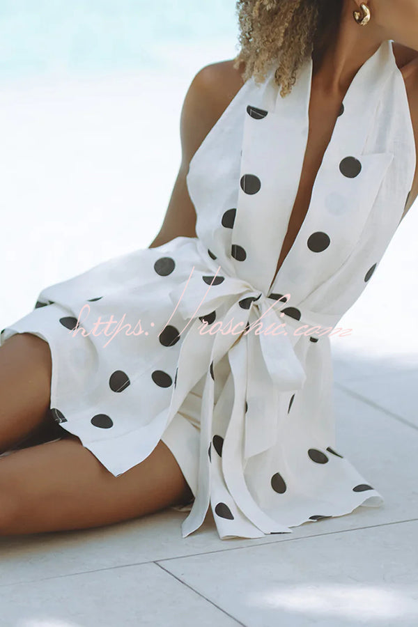 Gabby Linen Blend Polka Dot Tie-up Lapel Halter Vest and Metal Ring Belt Loose Shorts Set, White / L Gabby Linen Blend Polka Dot Tie-up Lapel Halter Vest and Metal Ring Belt Loose Shorts Set, White / L
