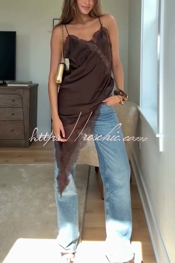 Elouise Satin Lace Trim V-neck Asymmetrical Hem Slip Mini Dress