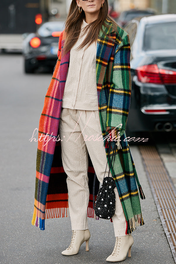 Fashionable Color-block Plaid Print Lapel Long-sleeved Casual Long Coat