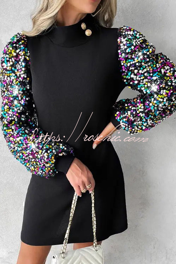 Color Block Turtleneck Balloon Sleeves Sequined Button Mini Dress