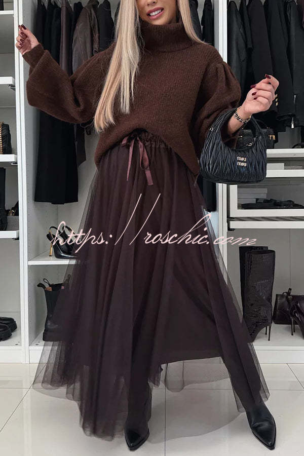 Romantic Winter Tulle Bow Elastic Waist Pleated Maxi Skirt