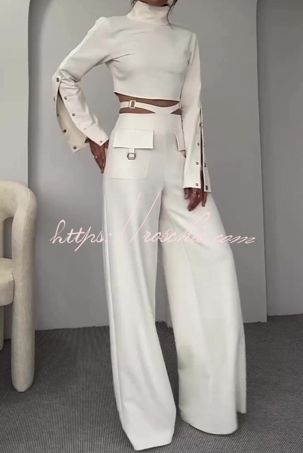 Leia High Neck Button Bell Sleeve Top and Cutout Waist Metal Pocketed Flare Pants Set