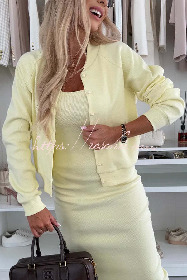 Comfort and Femininity Knit Ribbed Button Up Long Sleeve Bomber Jacket