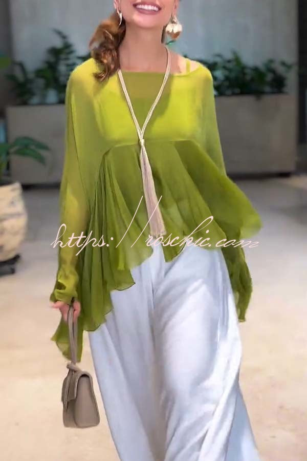 Romantic Journey Chiffon Ruffle Batwing Sleeve Top and Elastic Waist Pocket Loose Pants Set