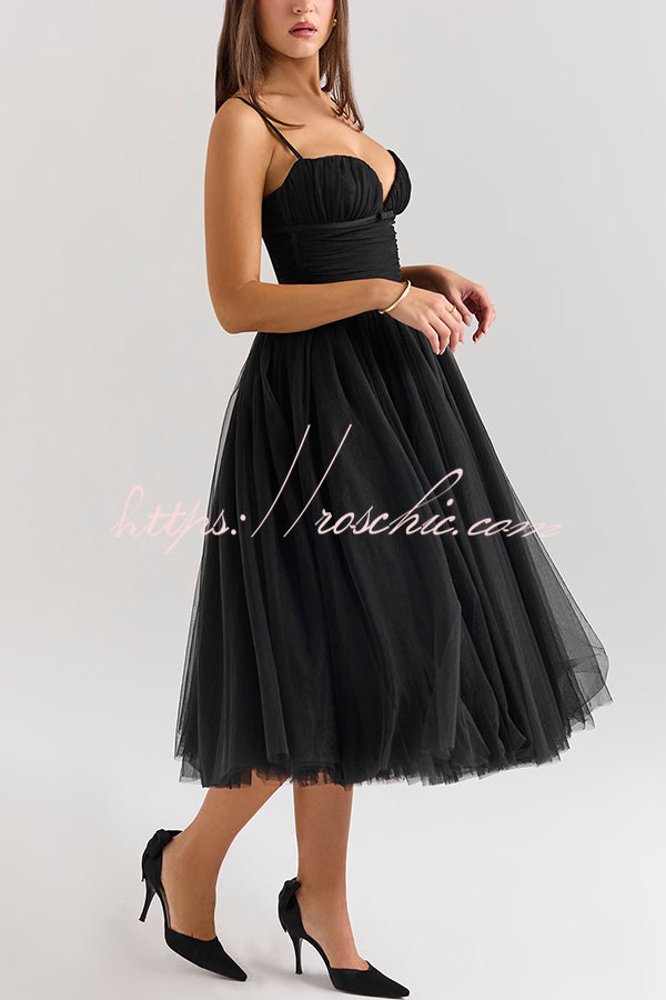 Royal Treatment Tulle Bows Detail Ruched Slip Midi Dress