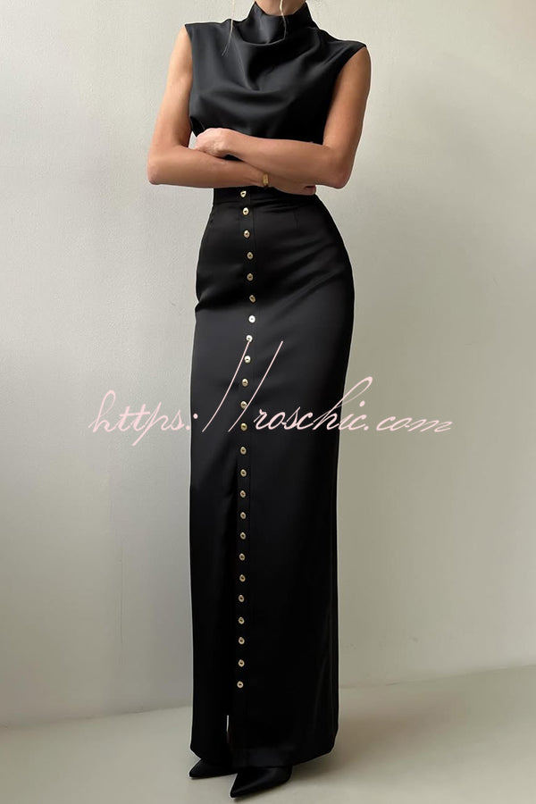 Solid Color Casual Sleeveless Crop Top and Elegant Button-down Maxi Skirt Set