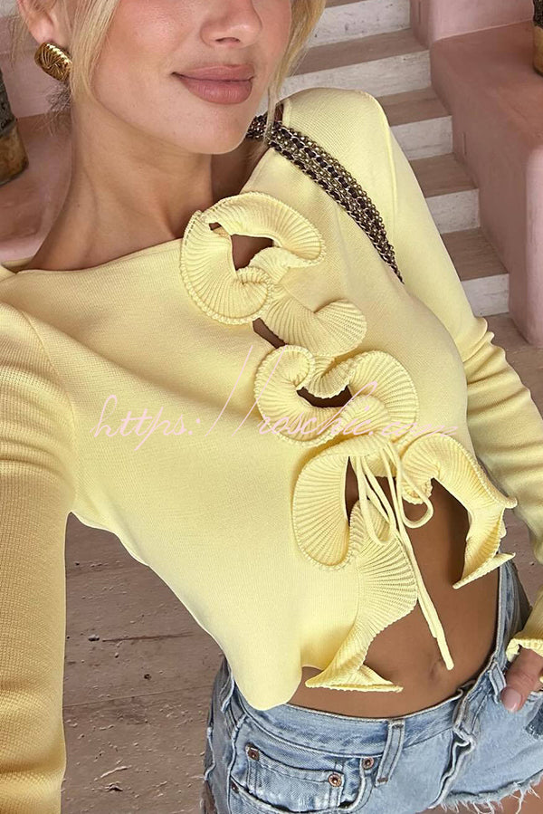 Fashion Ruffled Long-sleeved Tie-cropped Knitted Cardigan