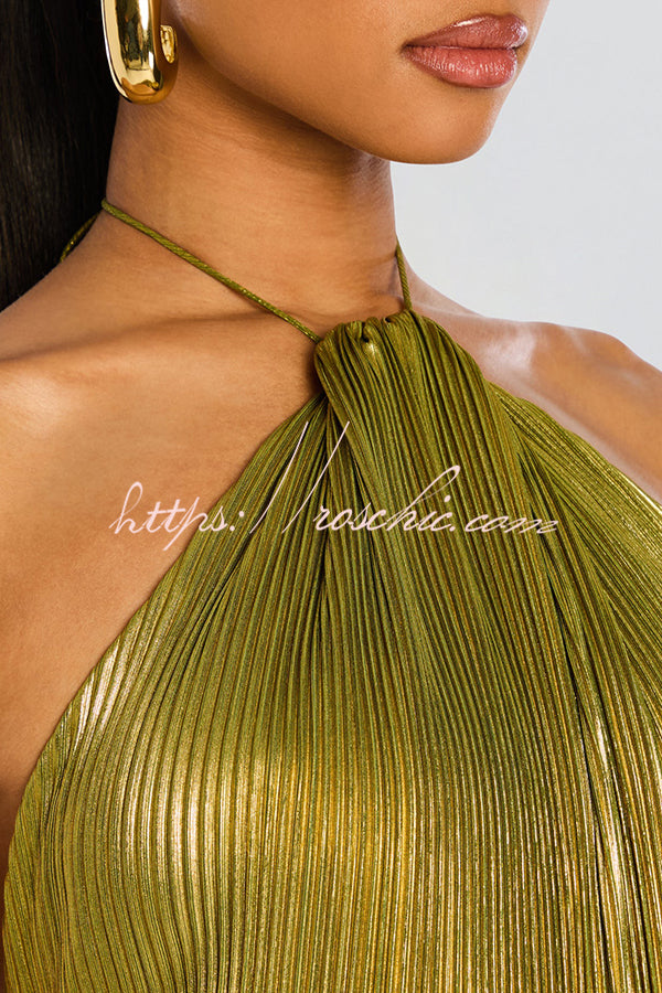 Glamorous Metallic Pleated Fabric Open Back Halter Slit Maxi Dress