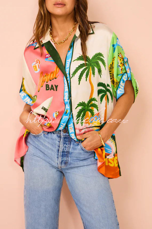 Kissed By The Sun Satin Unique Print Colorblock Button Down Oversized Blouse