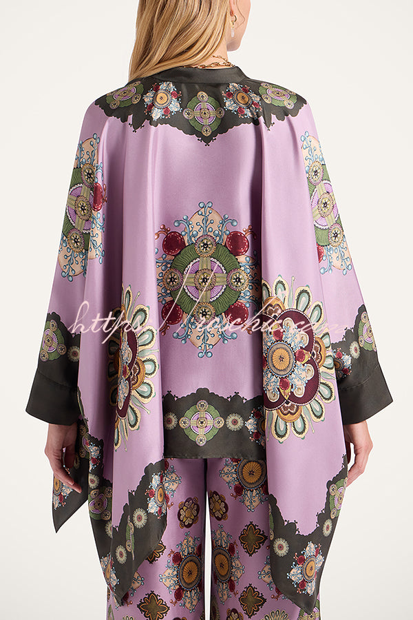 Satin Unique Print Loose Batwing Sleeve Top and Elastic Waist Pocket Casual Wide-leg Pants Set