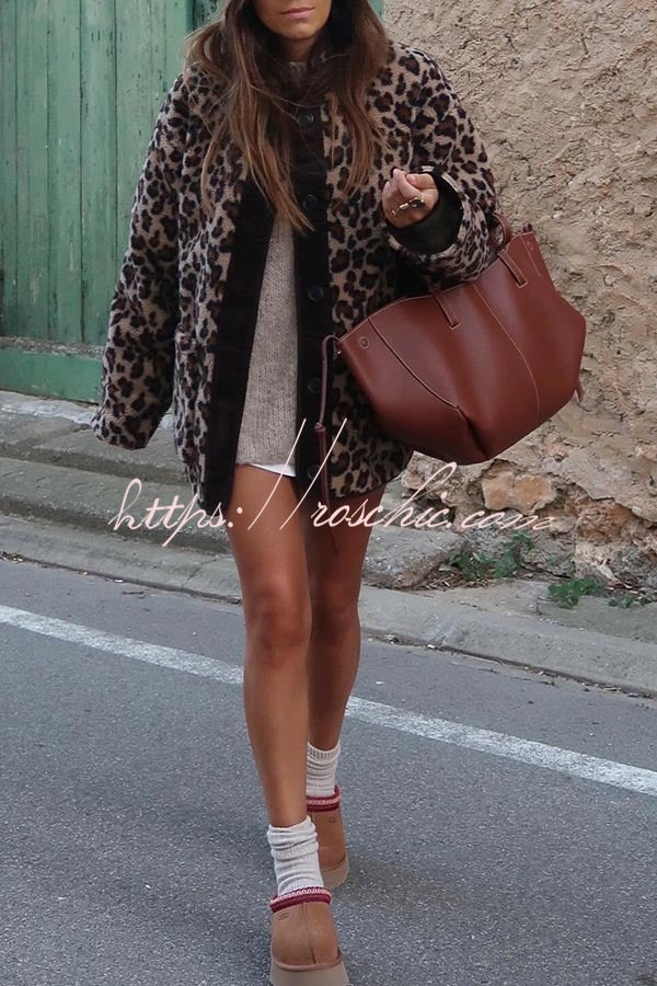 Warm Feel Colorblock Leopard Print Plush Button Up Pocketed Teddy Jacket