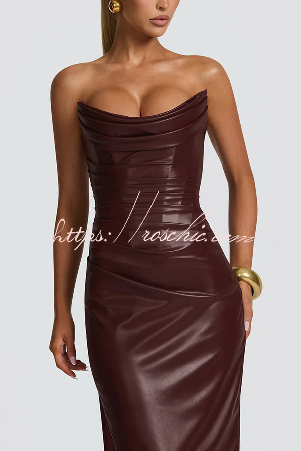 Alba Faux Leather Pleated Off Shoulder Neck Slit Stretch Maxi Dress