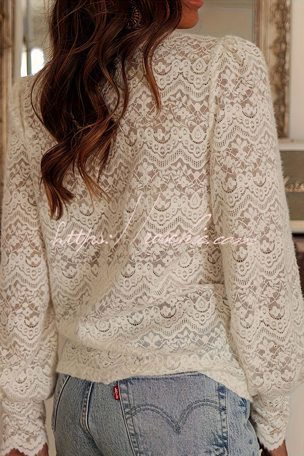 Fashionable Openwork Lace Long-sleeved V-neck Elegant Shirt