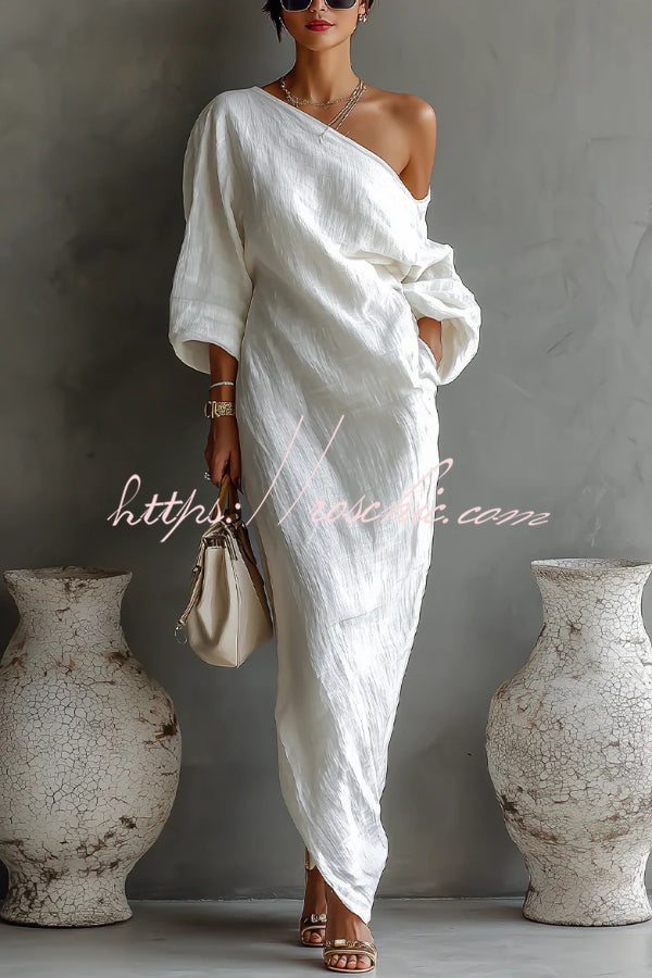 Linen Blend Loose-fitting One-shoulder Lantern Sleeve Casual Pocket Maxi Dress
