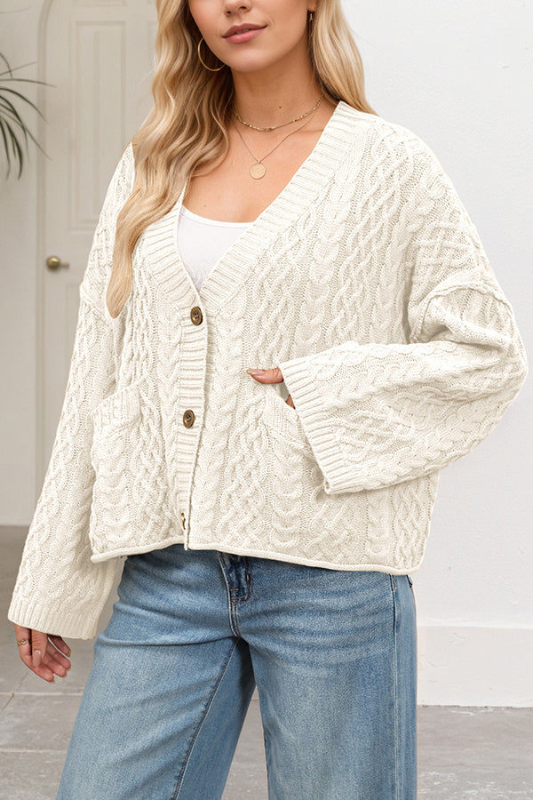 Solid Color Loose V-neck Long-sleeved Casual Pocket Knitted Cardigan