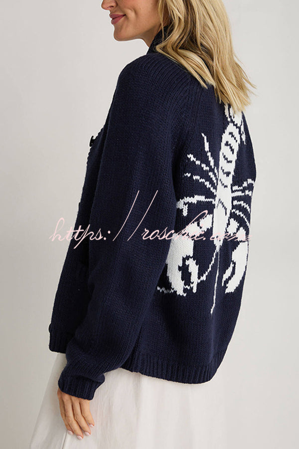 Fashion Lobster Pattern Casual Long Sleeve Knit Cardigan