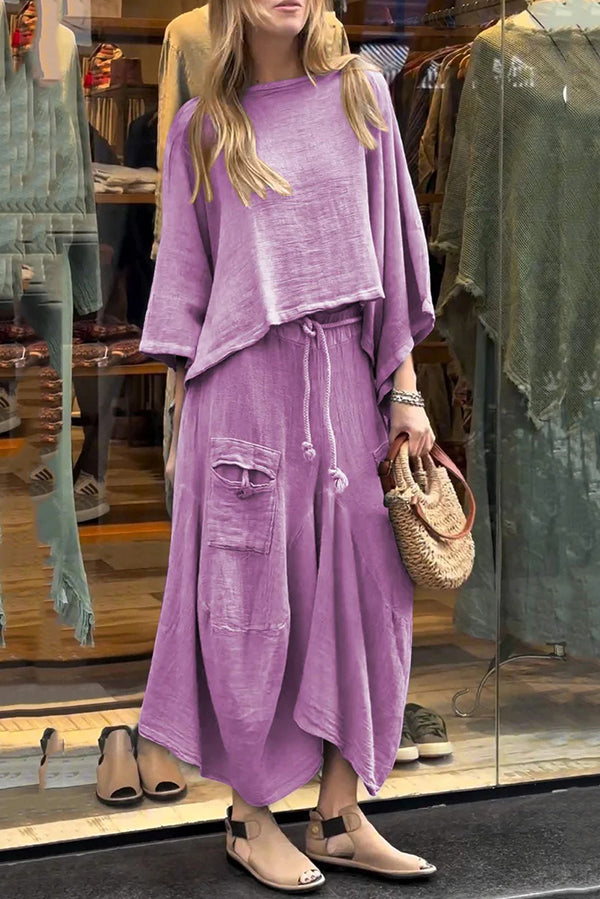 Solid Color Loose Round Neck Top and Elastic Waist Tie Casual Maxi Skirt Set