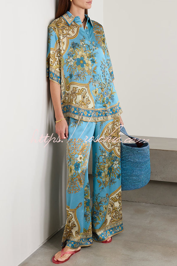 Satin Floral Print Loose Shirt and Elastic Waist Pocket Casual Wide-leg Pants