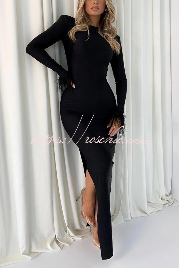 Solid Color Round Neck Ostrich Feather Long Sleeve Slim Maxi Dress