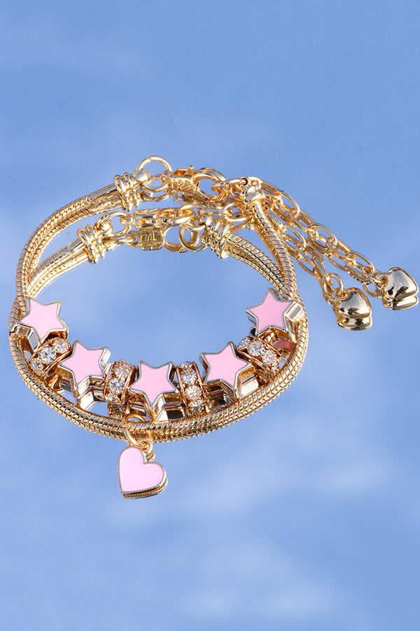 Pink Star Heart Pendant with Diamond Double Circle Bracelet