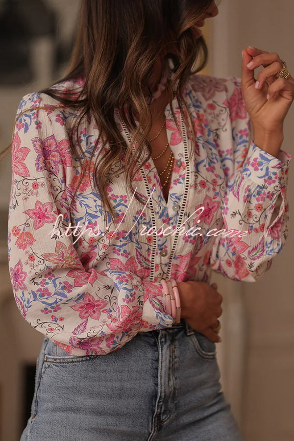 Floral Print Long-Sleeved Button-Up Elegant Shirt