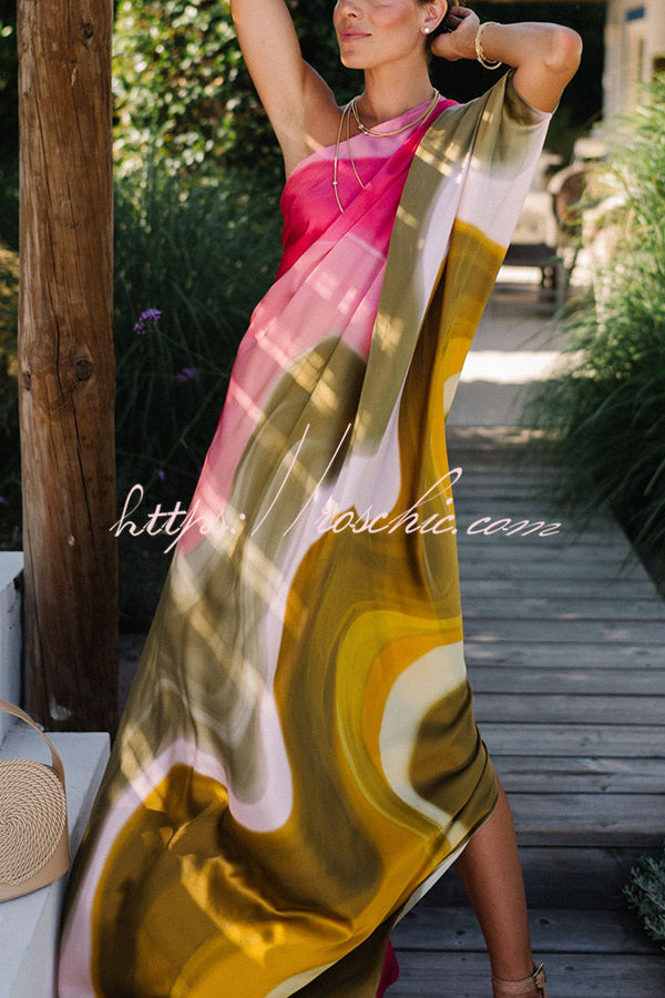 Summertime Favorites Satin Tie Dye Print One Shoulder Drape Vacation Maxi Dress