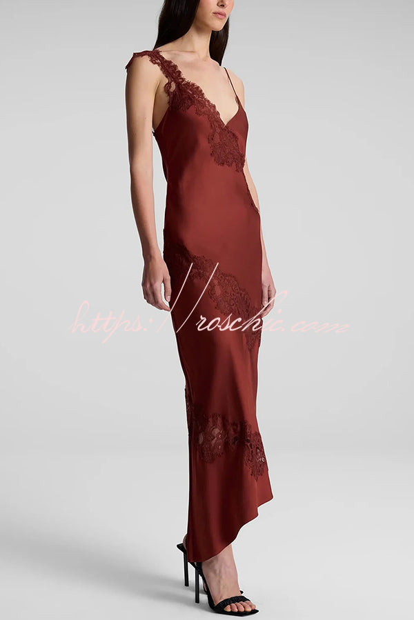 Sexy Lace Stitching Suspender V-neck Asymmetrical Maxi Dress