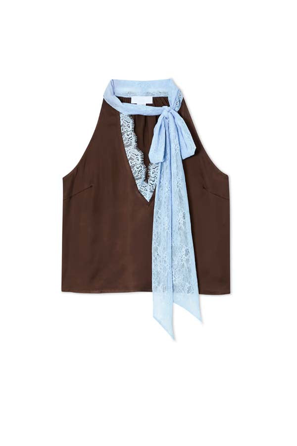 Sunday Social Contrast Color Satin Lace Trim Neck Strap Loose Tank