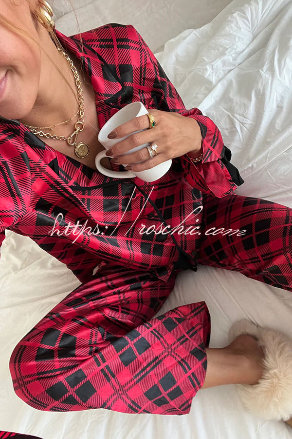 Holiday Movie Party Plaid Ribbon Detail Elastic Waist Pocketed Pajama Set