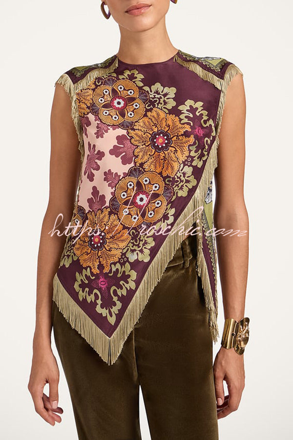Stunning Floral Print Asymmetric Tassel Trim Scarf Top