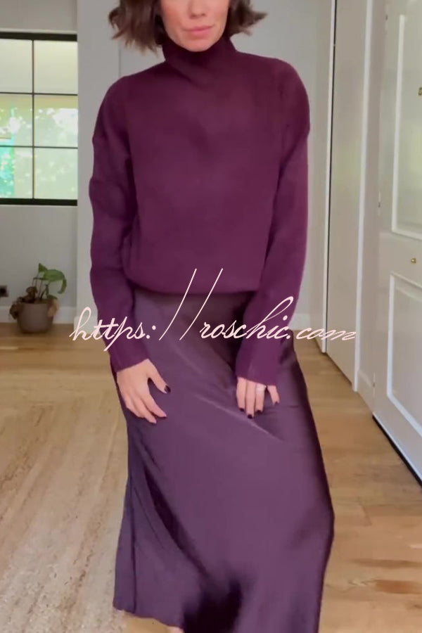 Jaelyn Solid Color Turtleneck Long Sleeve Sweater and Satin Elastic Waist Maxi Skirt Set