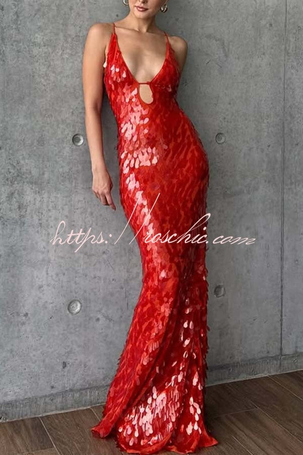 Reshape Beauty Fish Scale Sequin Cutout U-neck Slip Maxi Dress