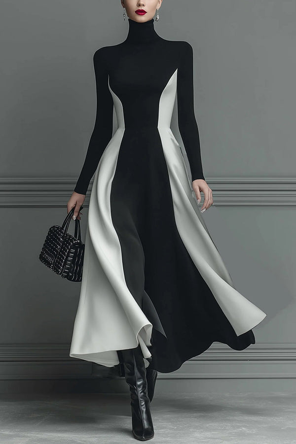 Stylish Color-blocked Turtleneck Long-sleeved Slim-fit Midi Dress roschic Stylish Color-blocked Turtleneck Long-sleeved Slim-fit Midi Dress roschic