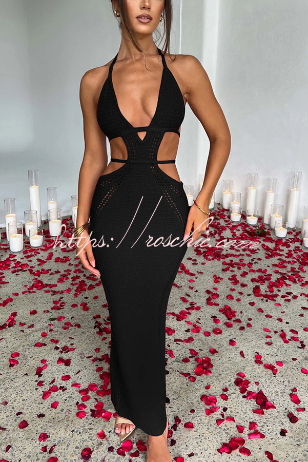 Effortlessly Cool and Sexy Knit Crochet Cutout Halter Tie-up Stretch Maxi Dress