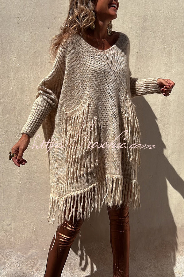 Coming with You Knit Tassel Trim Pocketed Loose Sweater-1