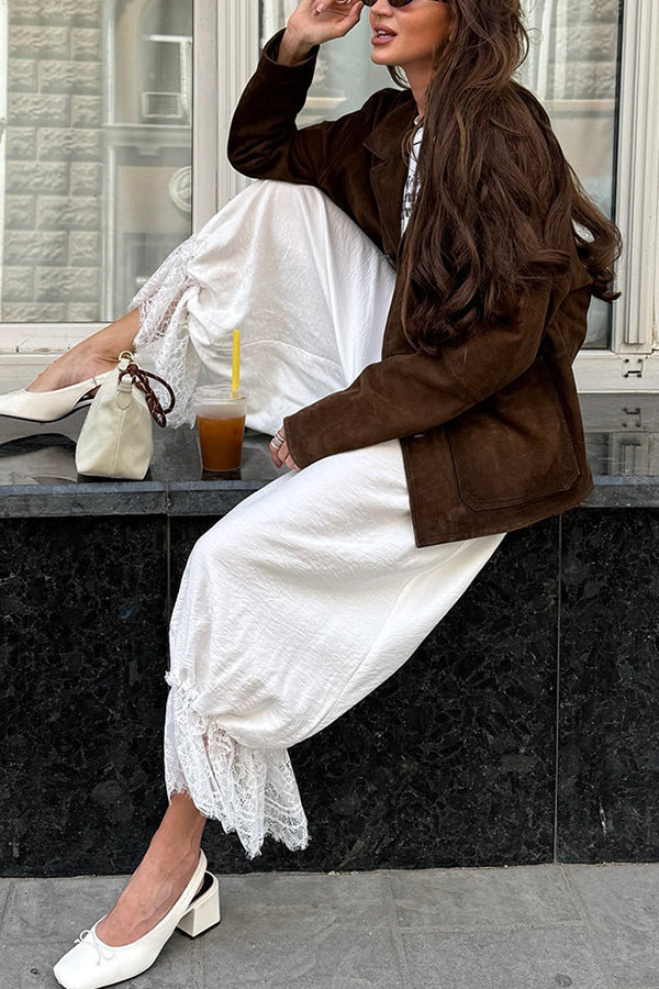 Solid Color Lace Splicing Casual Elastic Waist Loose Pants