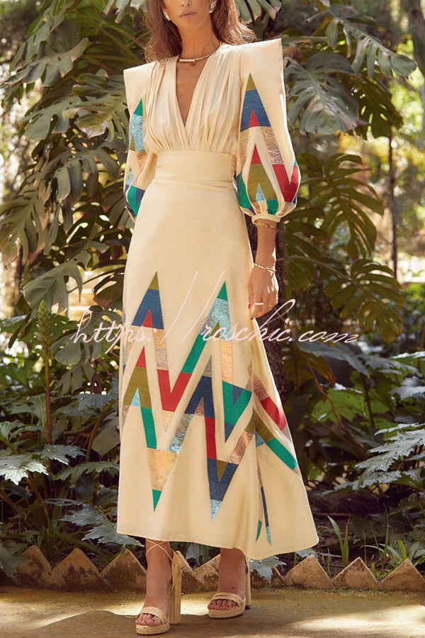 Highest Elegance Colorful Triangle Print Padded Shoulder Blouse and High Rise Maxi Skirt Set