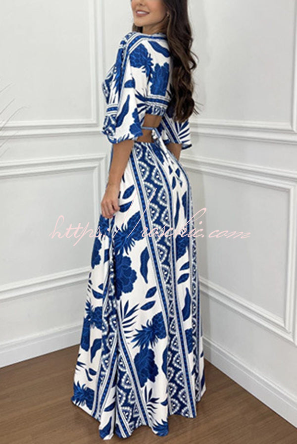 Wilma Unique Print Cutout Elastic Waist Tie-up Kimono Sleeve Maxi Dress