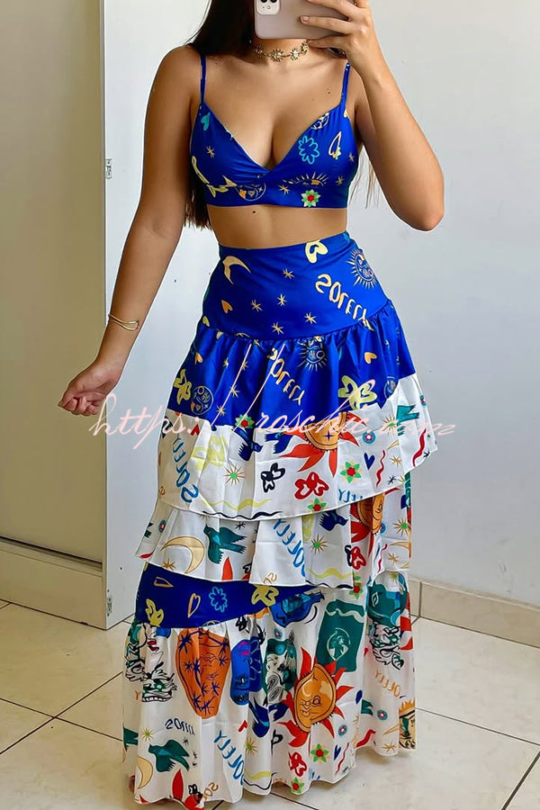 Unique Printed Suspenders Top and Loose Paneled Beach Maxi Skirt Set